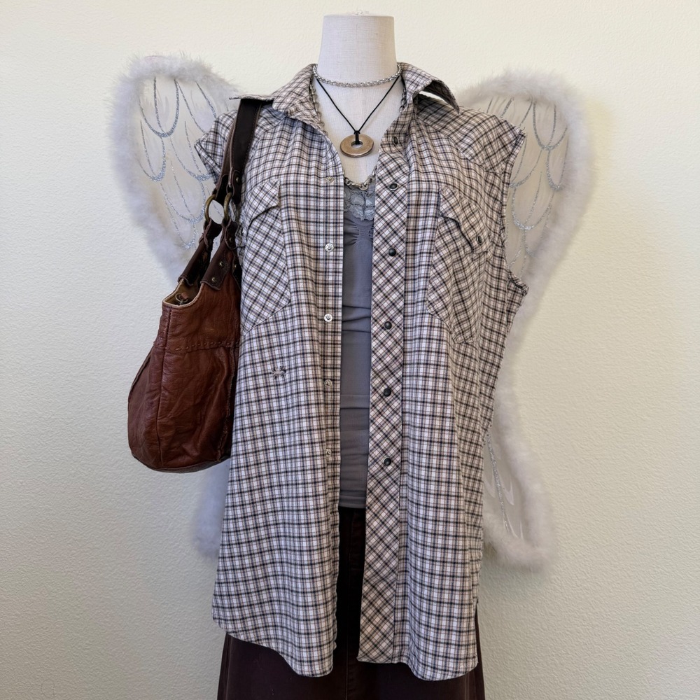 Cowboy‎ Plaid Sleeveless Western Shirt Snap Button Pearl Snaps Distressed Grunge